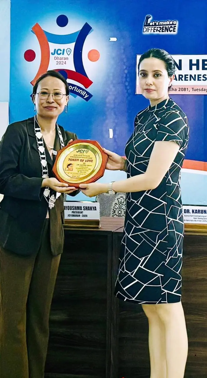 Dr. Karuna Singh Receives Token of Love Award at JCI Dharan Skin Healthcare Awareness Programme